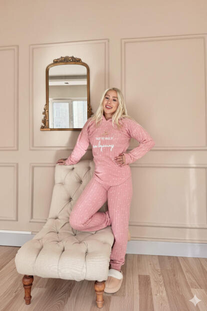 Pembe Magic Desenli Kapşonlu Peluş Polar Pijama Takımı - 6