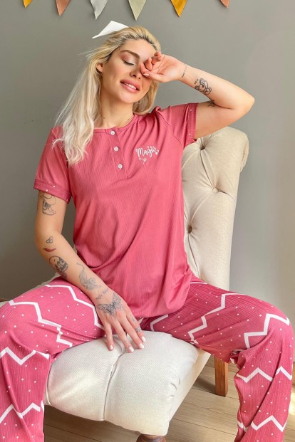 Pembe Magic Nakışlı Kısa Kollu Örme Kadın Pijama Takımı - 1