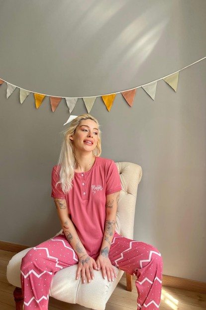 Pembe Magic Nakışlı Kısa Kollu Örme Kadın Pijama Takımı - 2