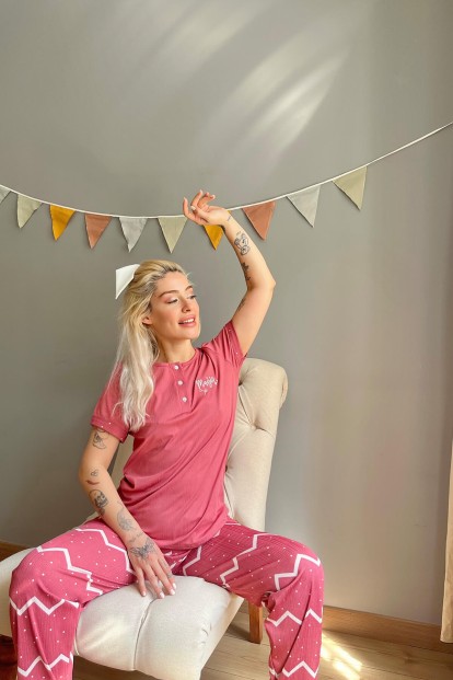 Pembe Magic Nakışlı Kısa Kollu Örme Kadın Pijama Takımı - 3