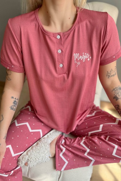 Pembe Magic Nakışlı Kısa Kollu Örme Kadın Pijama Takımı - 4