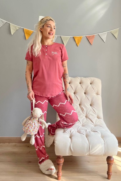 Pembe Magic Nakışlı Kısa Kollu Örme Kadın Pijama Takımı - 5
