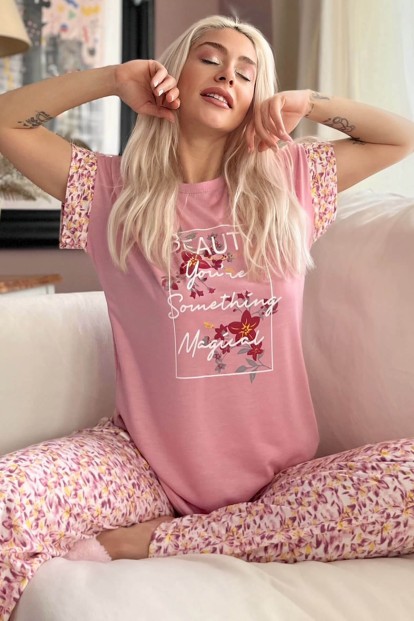 Pembe Magical Baskılı Örme Kısa Kol Kadın Pijama Takımı - 1