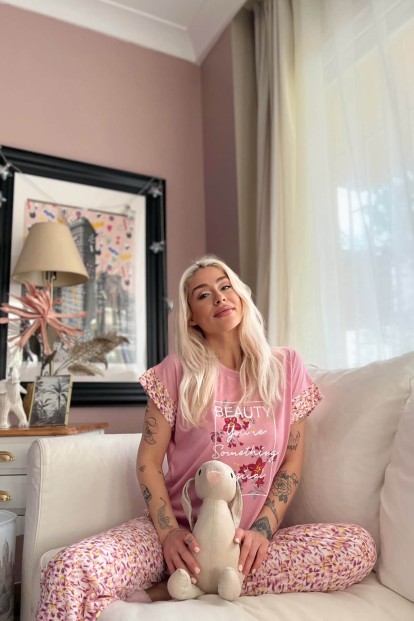 Pembe Magical Baskılı Örme Kısa Kol Kadın Pijama Takımı - 2