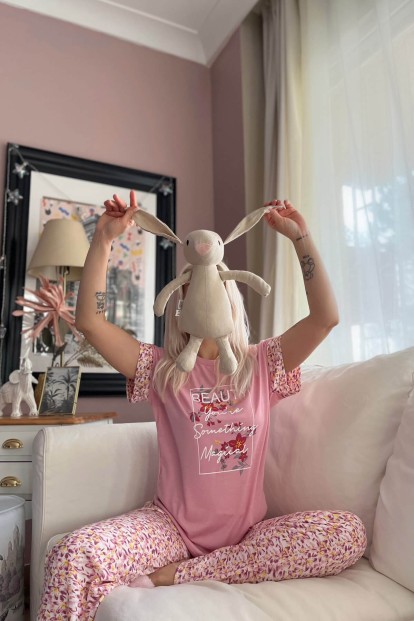 Pembe Magical Baskılı Örme Kısa Kol Kadın Pijama Takımı - 3