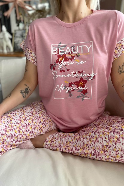 Pembe Magical Baskılı Örme Kısa Kol Kadın Pijama Takımı - 4