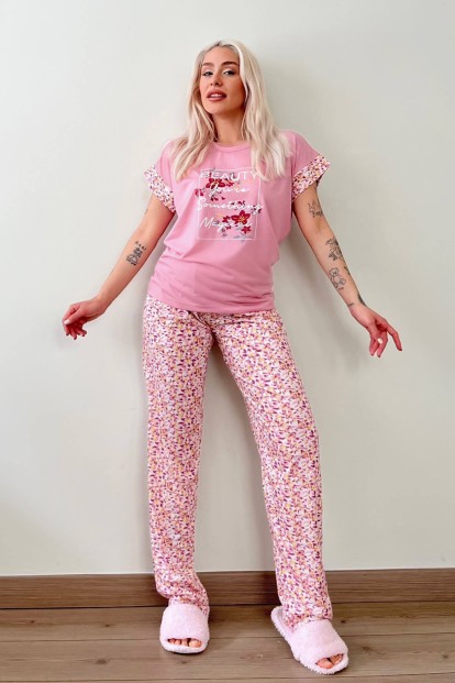 Pembe Magical Baskılı Örme Kısa Kol Kadın Pijama Takımı - 5