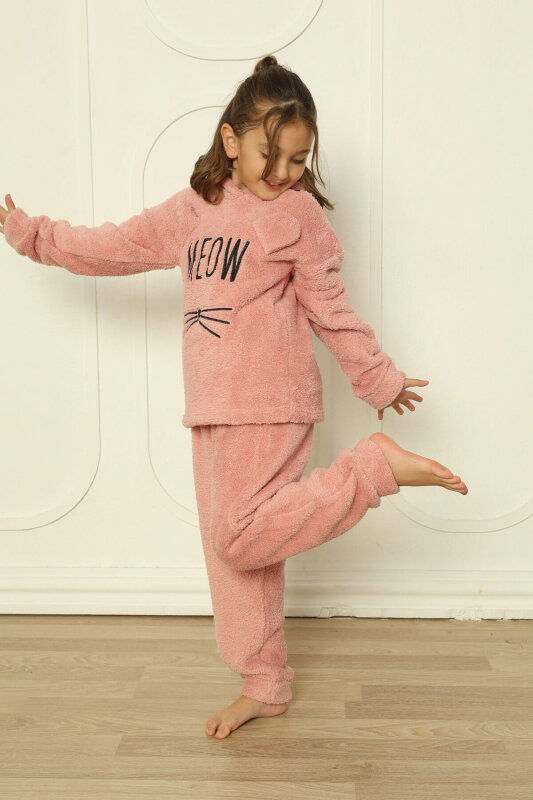 Pembe Meow Desenli Tam Peluş Kız Çocuk Pijama Takımı - Pijamaevi (1)