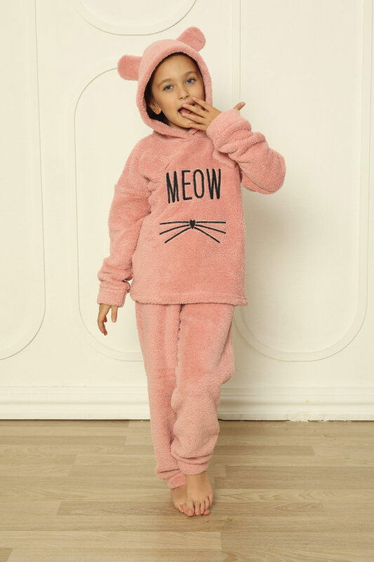 Pembe Meow Desenli Tam Peluş Kız Çocuk Pijama Takımı - Pijamaevi (3)