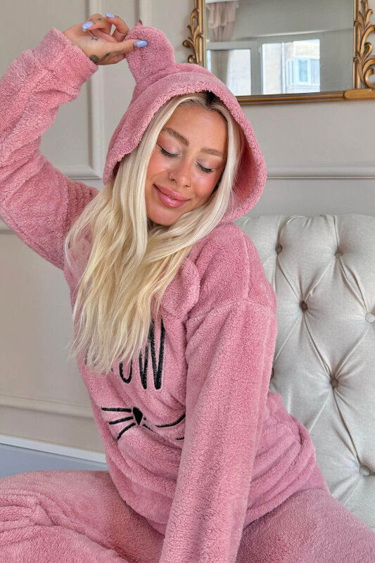Pembe Meow Desenli Tam Peluş Pijama Takımı - Pijamaevi (1)