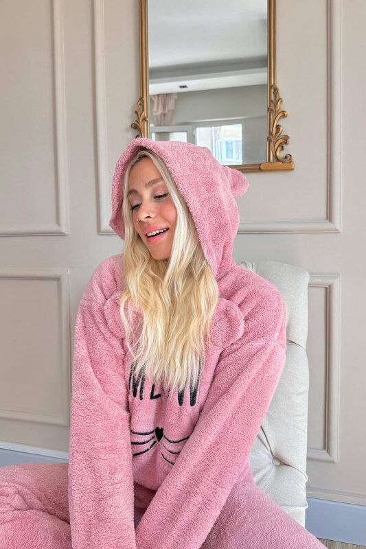 Pembe Meow Desenli Tam Peluş Pijama Takımı - Pijamaevi (2)
