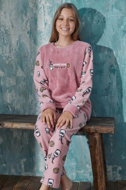 Pembe Milk Desenli Kız Çocuk Peluş Pijama Takımı - 7