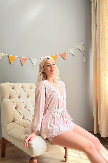 Pembe Mor Double Desenli Bambu Crop Sabahlıklı Şortlu Pijama - 2