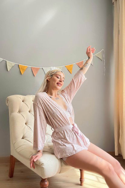 Pembe Mor Double Desenli Bambu Crop Sabahlıklı Şortlu Pijama - 3
