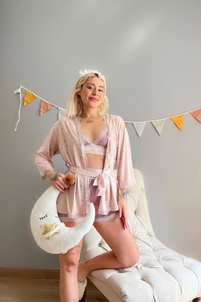 Pembe Mor Double Desenli Bambu Crop Sabahlıklı Şortlu Pijama - 5