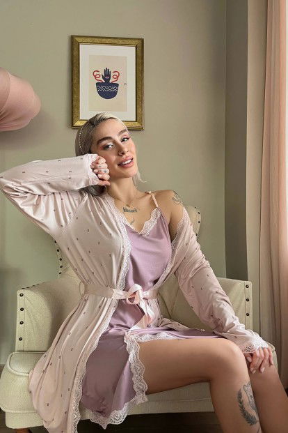 Pembe Mor Puan Desenli Sabahlıklı Gecelik Kadın Pijama Seti - 3
