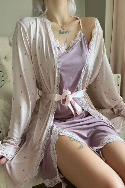 Pembe Mor Puan Desenli Sabahlıklı Gecelik Kadın Pijama Seti - 4