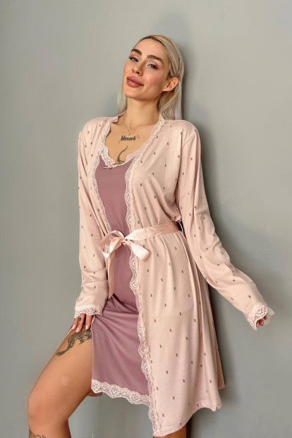 Pembe Mor Puan Desenli Sabahlıklı Gecelik Kadın Pijama Seti - 5