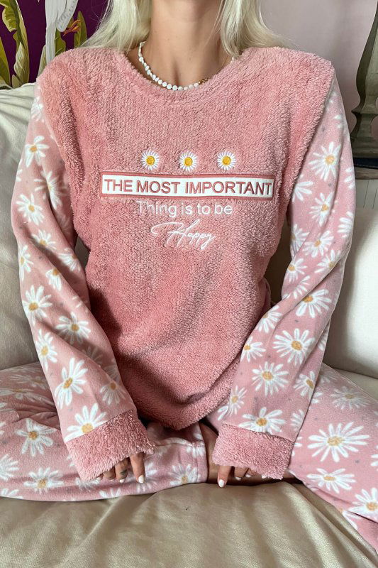 Pembe Most Thing Desenli Kadın Peluş Pijama Takımı - Pijamaevi (3)