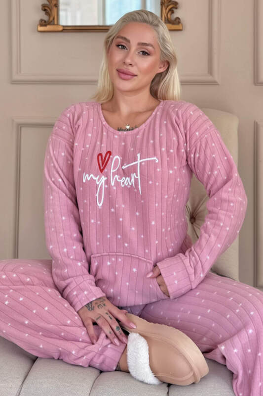 Pembe My Heart Desenli Kanguru Cepli Peluş Polar Pijama Takımı - Pijamaevi