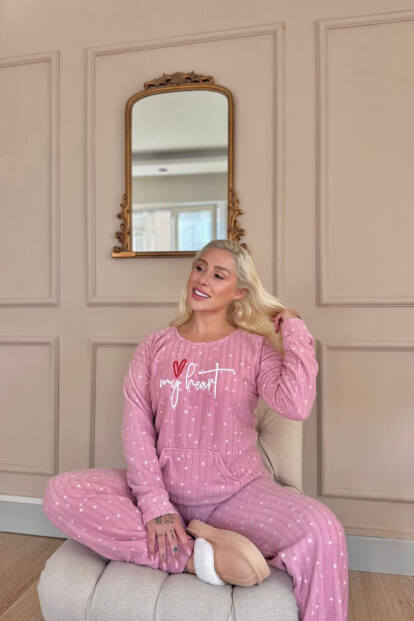 Pembe My Heart Desenli Kanguru Cepli Peluş Polar Pijama Takımı - 2