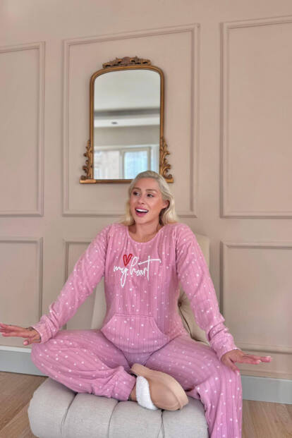 Pembe My Heart Desenli Kanguru Cepli Peluş Polar Pijama Takımı - 3