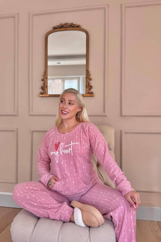 Pembe My Heart Desenli Kanguru Cepli Peluş Polar Pijama Takımı - Pijamaevi (3)