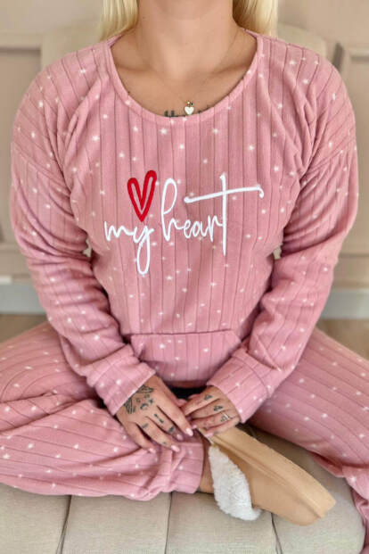 Pembe My Heart Desenli Kanguru Cepli Peluş Polar Pijama Takımı - 5