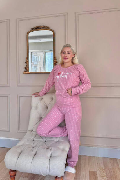 Pembe My Heart Desenli Kanguru Cepli Peluş Polar Pijama Takımı - 6