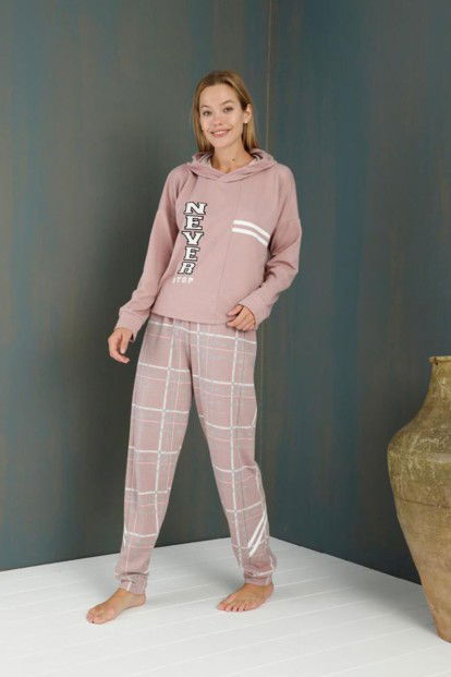 Pembe Never Street Desenli Yumoş Örme Pijama Takımı - 2