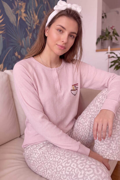 Pembe Noodle Desenli Waffle Soft Uzun Kollu Kadın Pijama Takım 