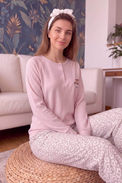 Pembe Noodle Desenli Waffle Soft Uzun Kollu Kadın Pijama Takım - 2