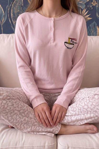 Pembe Noodle Desenli Waffle Soft Uzun Kollu Kadın Pijama Takım - 4