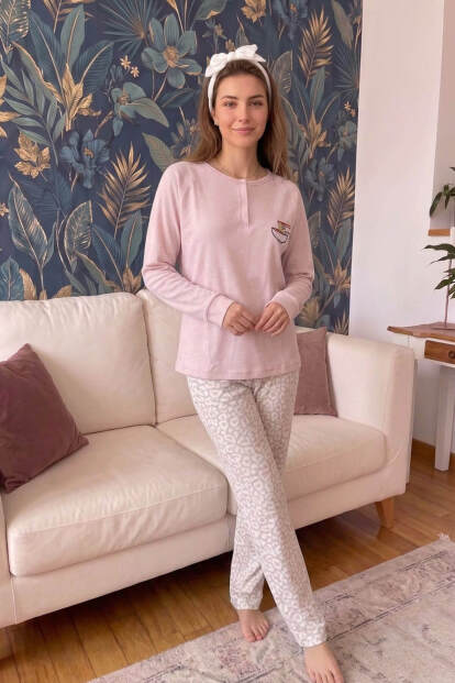 Pembe Noodle Desenli Waffle Soft Uzun Kollu Kadın Pijama Takım - 6