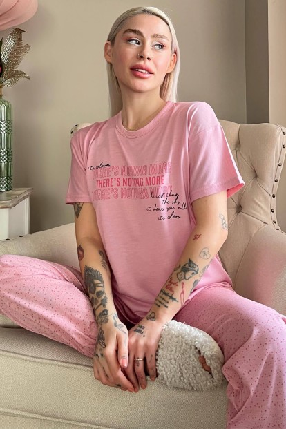Pembe Nothing Baskılı Örme Kısa Kollu Kadın Pijama Takımı - 1
