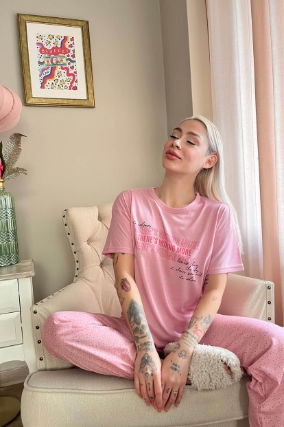 Pembe Nothing Baskılı Örme Kısa Kollu Kadın Pijama Takımı - 2