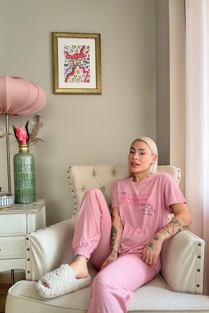 Pembe Nothing Baskılı Örme Kısa Kollu Kadın Pijama Takımı - 3