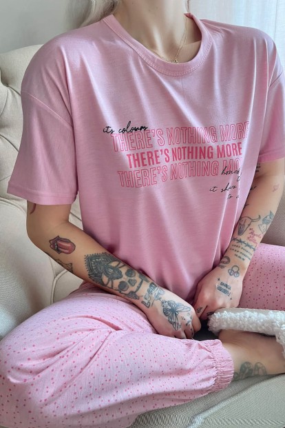 Pembe Nothing Baskılı Örme Kısa Kollu Kadın Pijama Takımı - 4