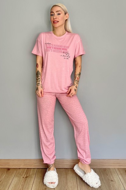 Pembe Nothing Baskılı Örme Kısa Kollu Kadın Pijama Takımı - 5