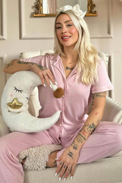 Pembe Önden Düğmeli Kısa Kol Örme Kadın Pijama - 1
