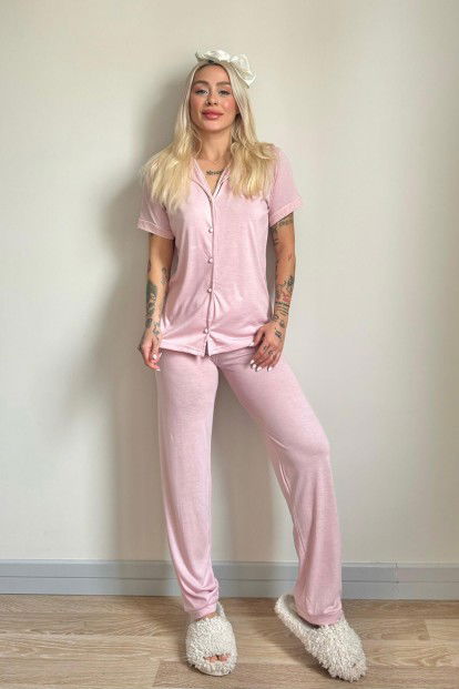 Pembe Önden Düğmeli Kısa Kol Örme Kadın Pijama - 5