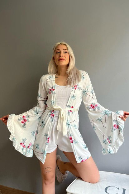 Pembe Palmiye Desenli Kadın Kimono Sabahlık - 2