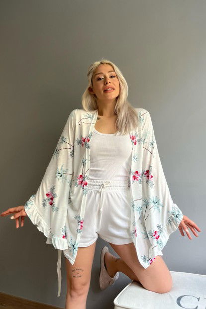 Pembe Palmiye Desenli Kadın Kimono Sabahlık - 3