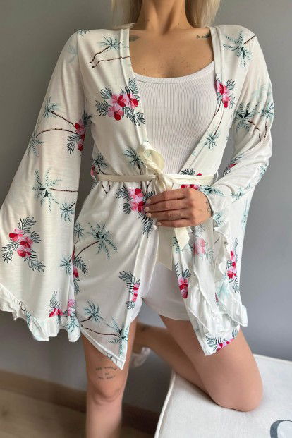 Pembe Palmiye Desenli Kadın Kimono Sabahlık - 4