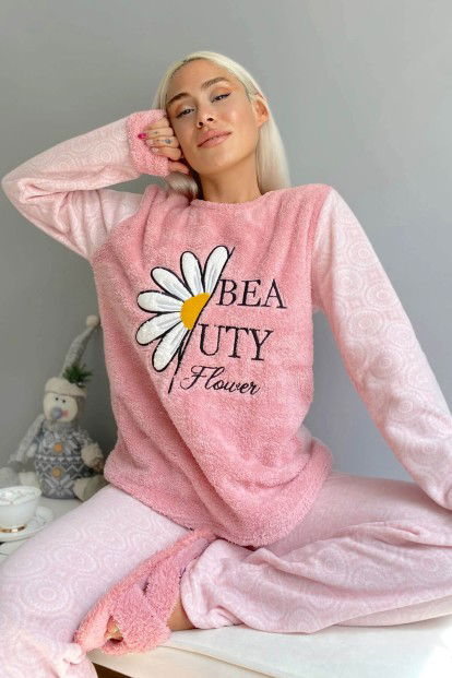 Pembe Papatya Desenli Kadın Peluş Pijama Takımı - 1