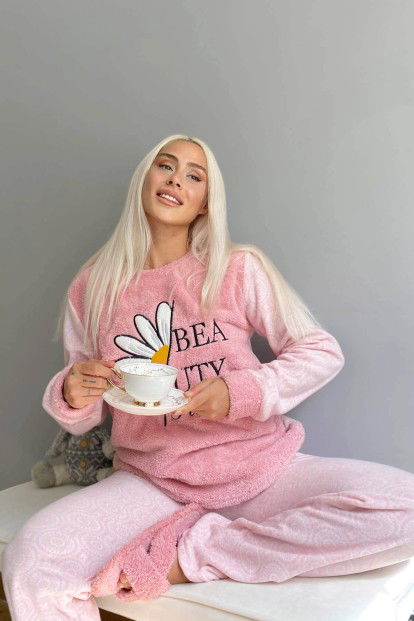 Pembe Papatya Desenli Kadın Peluş Pijama Takımı - 2