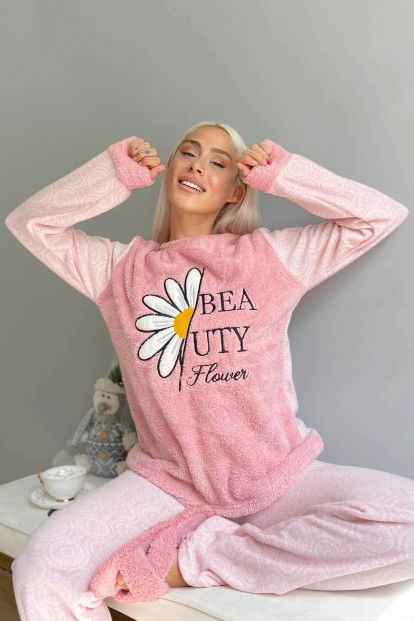 Pembe Papatya Desenli Kadın Peluş Pijama Takımı - 3