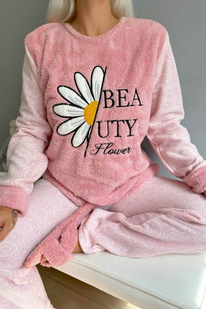 Pembe Papatya Desenli Kadın Peluş Pijama Takımı - 4