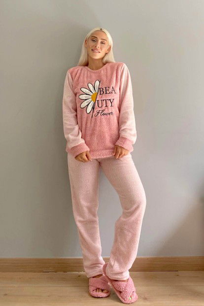 Pembe Papatya Desenli Kadın Peluş Pijama Takımı - 5