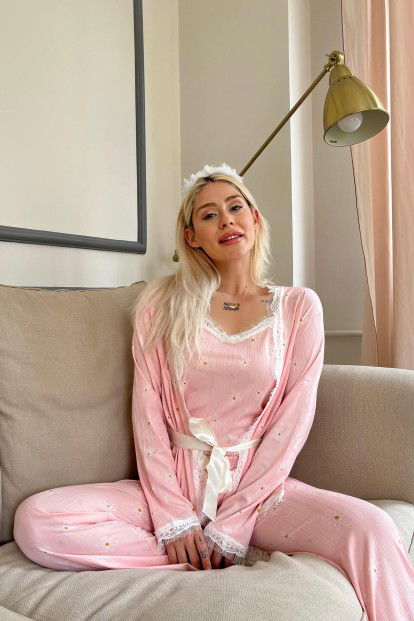 Pembe Papatya Desenli Sabahlıklı Pegasus Pijama Takımı - 3